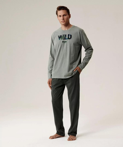 Pijama de hombre NMP-392 Atlantic - algodón verde/caqui, manga larga, elegante conjunto para las noches frías