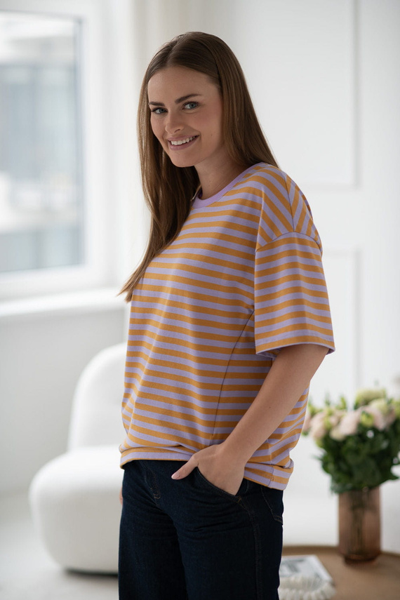 Mamahood Camiseta de embarazo y lactancia Milk&Love a rayas miel y lila - cómoda y elegante