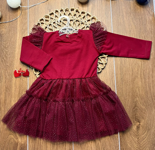 Vestido infantil Mamatti SK720 de algodón con tul suave y mariposas burdeos