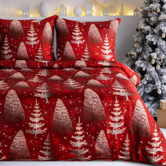 Ropa de cama navideña Rubin en microfibra Eurofirany árbol de Navidad rojo blanco- suave, ligera y fácil de cuidar, con cremallera