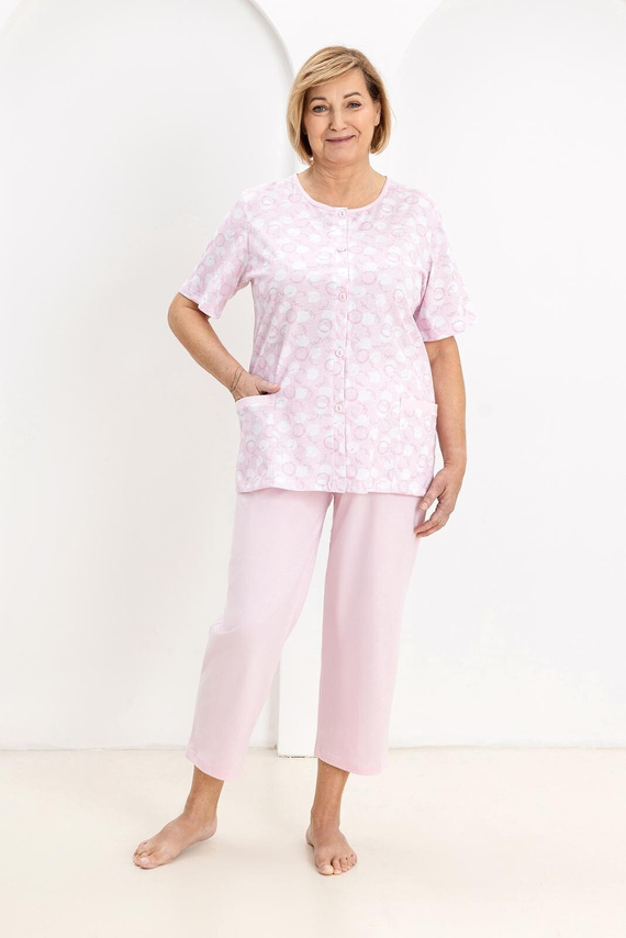 Pijama 738 Regina rosa - mujer de algodón a rayas, camisa con botones y bolsillos, pantalones 7/8