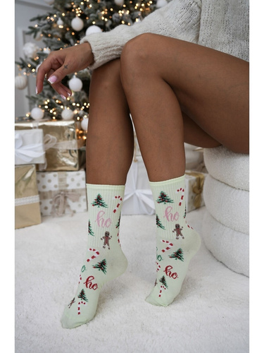 Milena 1283-045 Calcetines de algodón para mujer navideños pistacho con diseño de árboles de Navidad Ho Ho