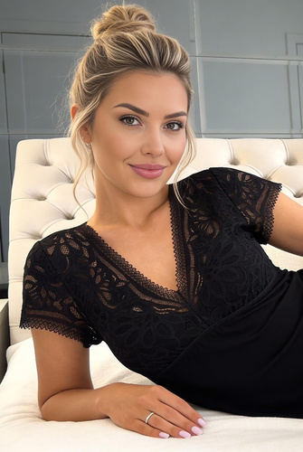 Camisón Elena Donna viscosa encaje elegante suave escote en V negro
