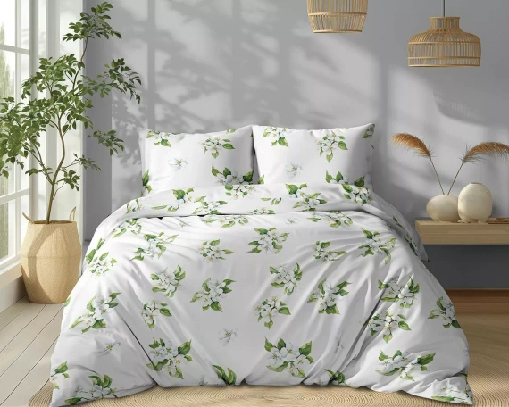 5766 B Algodón Bloom Detexpol ropa de cama blanca con flores blancas con hojas verdes - 100% algodón, doble cara, producción polaca