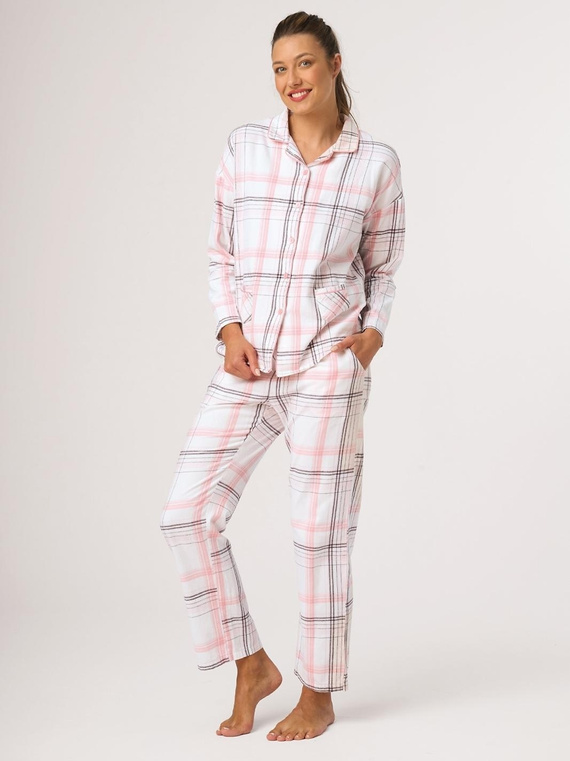 Pijama de mujer de franela Key LNS 415 B26 blanca a cuadros, 100% algodón