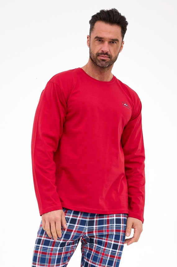 124/312 Ready 3 Cornette granate - pijama de algodón para hombre, manga larga, pantalón a cuadros