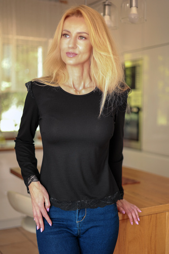 Mirale Ivy Blusa de viscosa para mujer con encaje Elegante Manga larga - negra