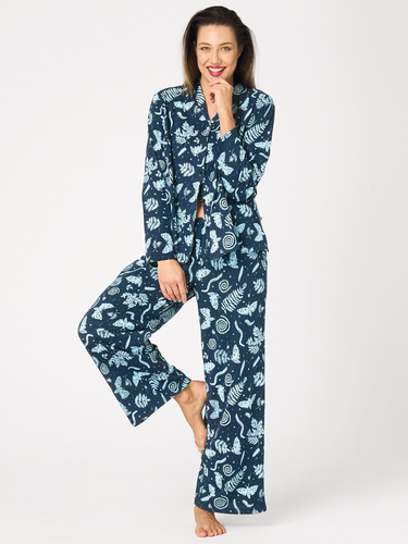 Pijama de mujer Key LNS 435 azul marina – de franela, abotonada, 100% algodón