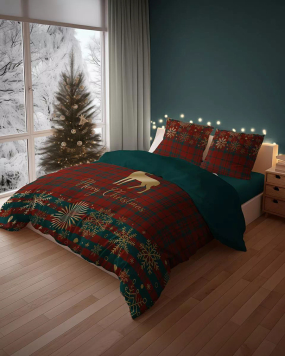 5824 A Christmas Dreams Detexpol ropa de cama de algodón a cuadros con renos Merry Christmas - Juego de Navidad 100% algodón