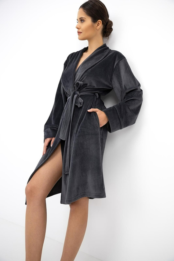 Sensis Noire Bata de mujer gris grafito acanalada con cuello chal