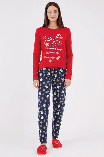 Natalie Sorbetto rojo - pijama largo de Navidad de mujer de algodón con copos de nieve