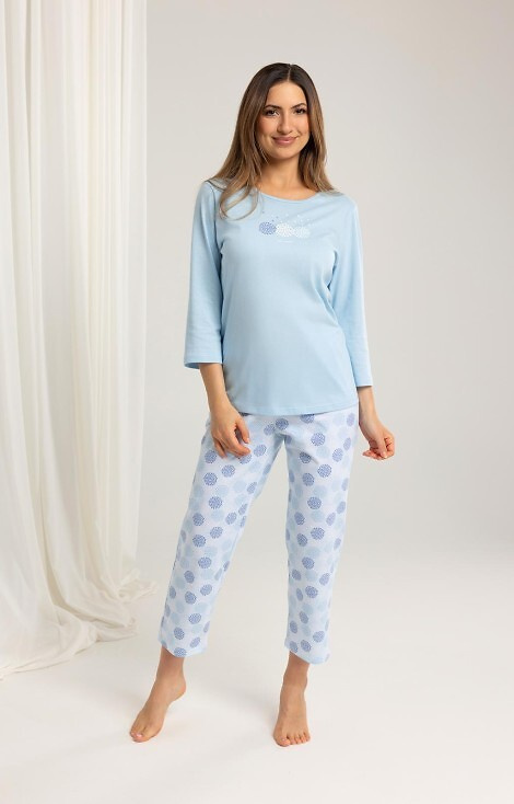 702 Regina pijama de algodón azul - mujer, manga 3/4, 7/8 pantalón estampado