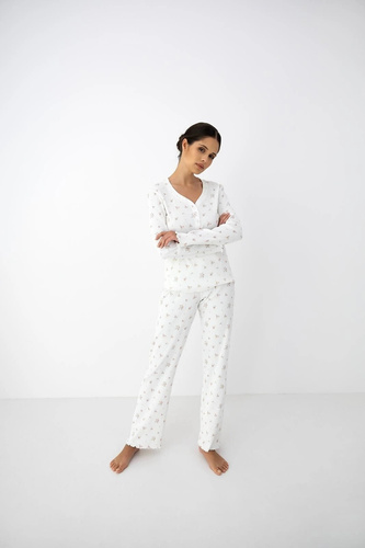 Pijama de mujer Sensis Vida ecru de algodón con flores, manga larga y pantalones