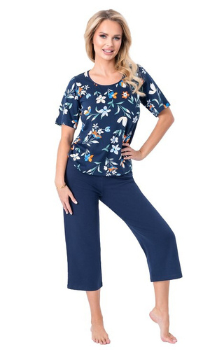 Caroline 3/4 Donna - pijama de mujer de algodón con estampado floral, manga corta y pantalón 3/4