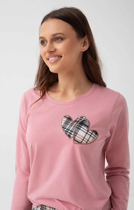 322 Luna rosa - pijama de mujer de algodón, corazones, manga larga, pantalón a cuadros