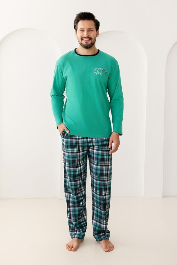 Pijama de hombre Regina 507 verde - largo de algodón, camisa estampada y pantalón a cuadros