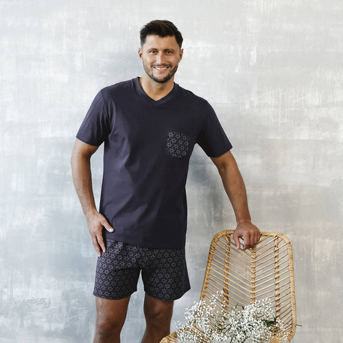 Diaz Pijama de manga corta para hombre, pantalón corto Moda Italiana - azul marino/estampado