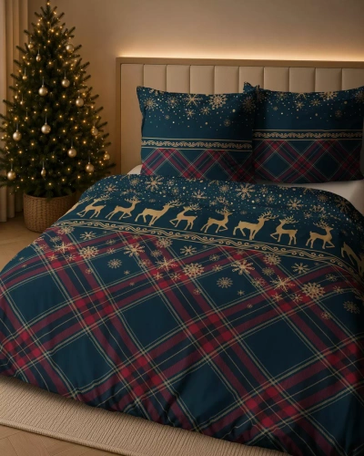 Ropa de cama Detexpol 6058 A Renos de invierno azul marino y rojo 100% algodón