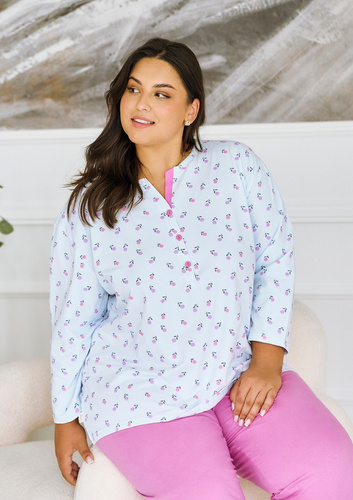 3462 Yolanda Taro pijama mujer azul - camisa viscosa 7/8, pantalón algodón