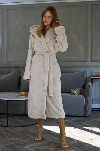 L&L Fibi 2635 Bata larga de mujer con capucha, suave, estampado de huellas de perro - angora