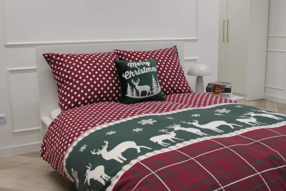Xmass Navidad ropa de cama de algodón Spod Igły i Nitki - reno a cuadros rojos guisantes verdes, juego con cremallera, 100% algodón