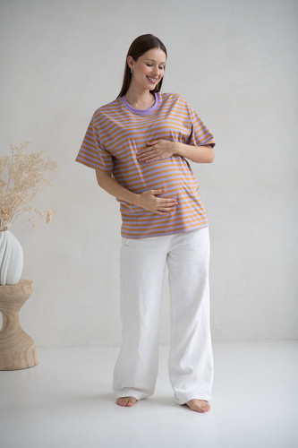 Mamahood Camiseta de embarazo y lactancia Milk&Love a rayas miel y lila - cómoda y elegante