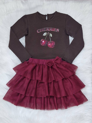 Blusa niña Cerezas Bambarillo algodón chocolate oscuro, manga larga, estampada