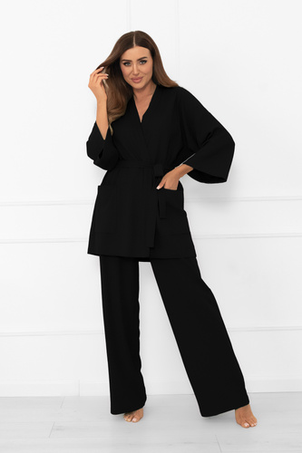 Kimono de mujer negro - elegante con cinturón y manga ¾