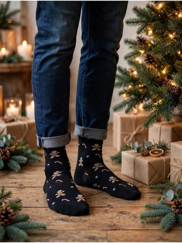 Calcetines de hombre Milena 1290-042 Galletas y Bastones de Caramelo de algodón navideños negros