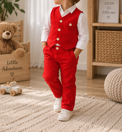 Mamatti KC014 conjunto infantil de algodón rojo chaleco y pantalones con botones