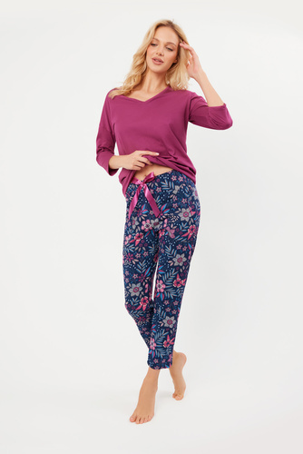 Folk Pijama de mujer manga 3/4, pantalón 7/8 Moda Italiana - mora/estampado