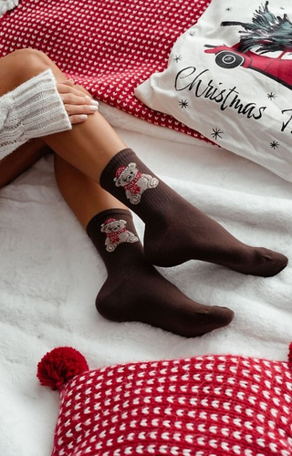 1283-031 Calcetines de mujer Milena marrón - osito de Navidad, algodón