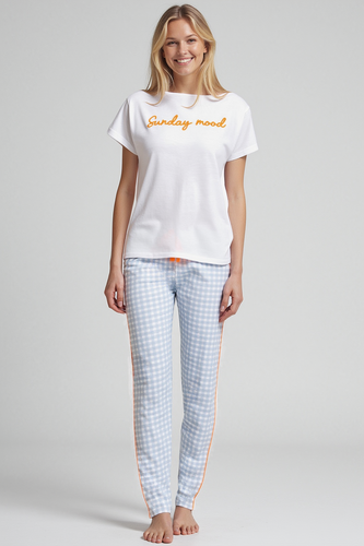 Dana Pijama de mujer Sorbetto azul - 100% algodón, manga corta, pantalón a cuadros, conjunto
