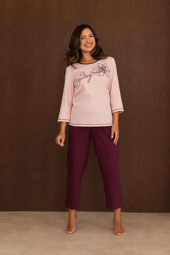 Pijama de mujer Regina 4015 100% algodón Manga y pantalones 7/8 Gráfico - rosa