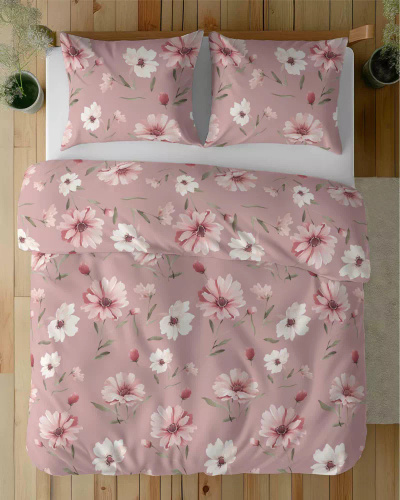 5502 A Ropa de cama de algodón rosa con flores y capullos crema Naturalis- Detexpol