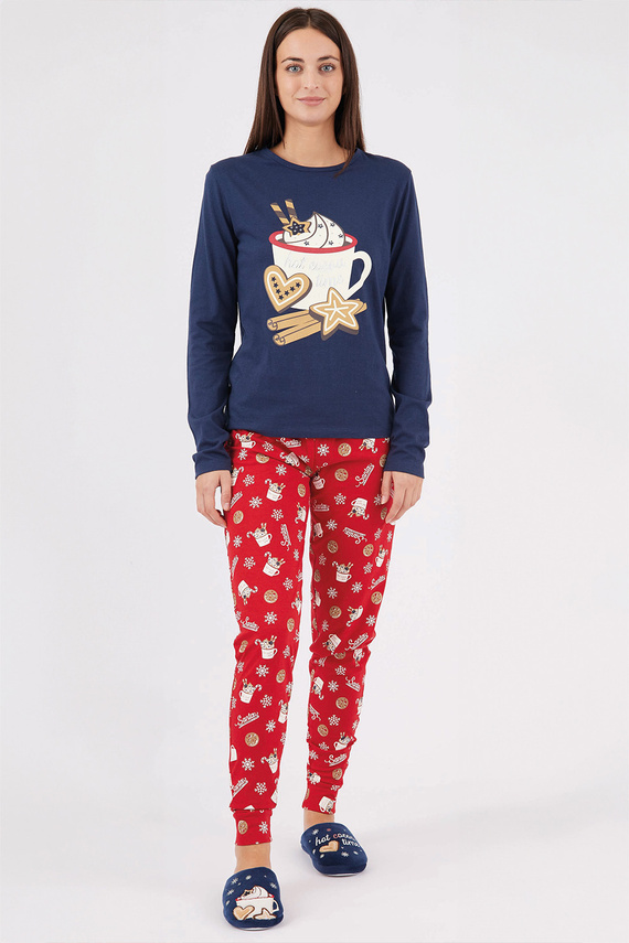 Natalie Sorbetto azul marino - pijama de Navidad largo de mujer de algodón con copos de nieve