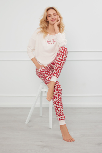 Evora Pijama señora manga larga, pantalón largo Moda Italiana - crudo/estampado
