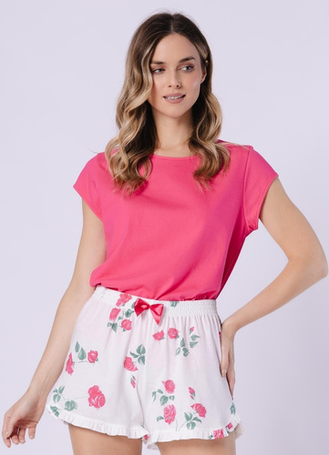 Pijama de señora 1724 Valencia Leveza rubí- Pijama de algodón de alta calidad con mangas cortas, pantalón corto estampado, lazo de raso y volante decorativo