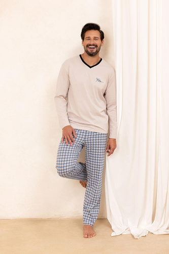 Pijama de hombre Regina 491 beige - algodón, manga larga, cómodo y clásico