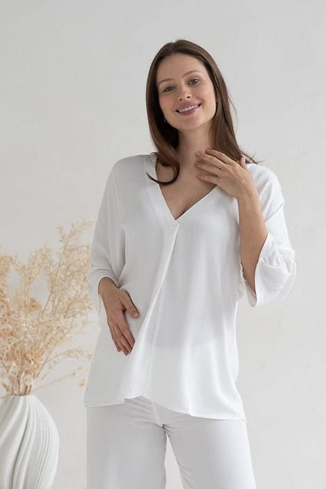 Mamafullness Blusa de lactancia Milk&Love blanca - viscosa, manga 3/4, oversize