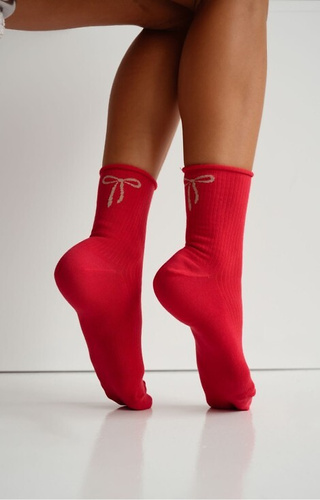 0200-193 Calcetines de mujer con lazo Milena rojo-algodón acanalado