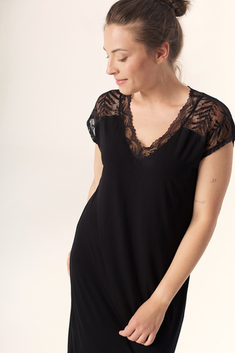 Camisón Petra KB59 Mefemi Nipplex negro - viscosa, encaje, manga corta, antes de la rodilla