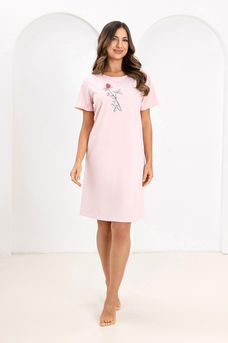 Camisón de señora Regina 172 rosa- 100% Algodón, Manga corta, Medio escote redondo, Estampado, Largo hasta la rodilla