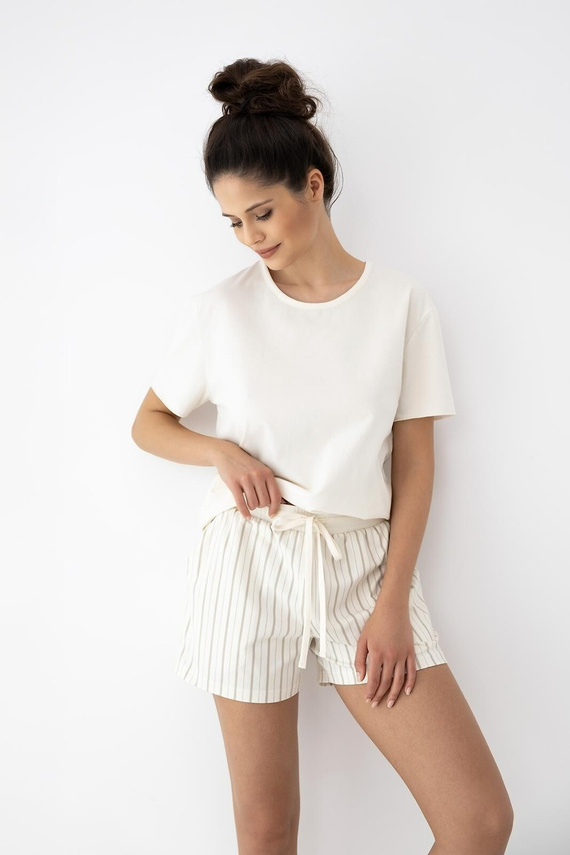 Pijama mujer Jemma Sensis ecru/beige, algodón, manga corta, rayas