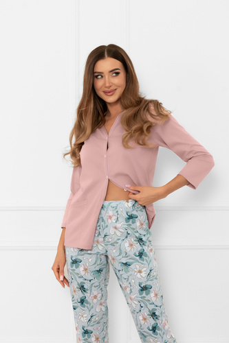 Pijama de señora Sekwoja - algodón, manga 3/4 y pantalón, con botones Moda Italiana