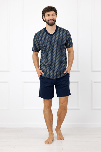 Pijama masculina Rufin Italian Fashion de algodón, manga corta, pantalones cortos azul marino