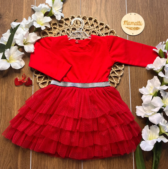 Vestido infantil Mamatti SK814 de algodón con tul y goma brillante en la cintura rojo