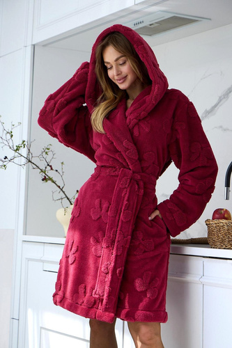 L&L Maya 2630 Bata corta de mujer con capucha, suave, estampada - sangría