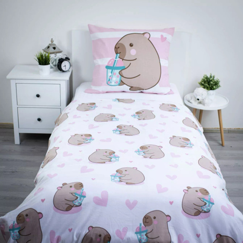 Ropa de cama de algodón 140x200 Kapibara rosa 70x90 Jerry Fabrics
