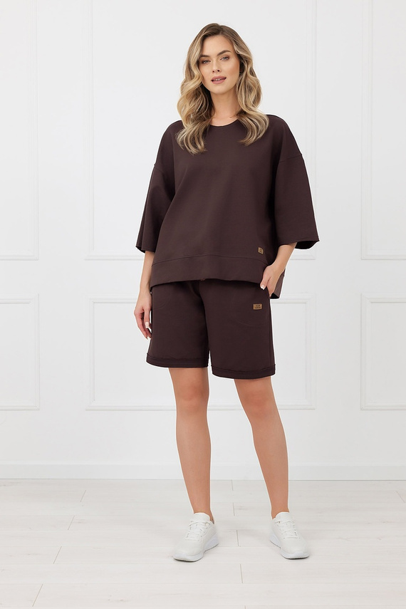 Pantalones cortos de mujer Kaori Italian Fashion de algodón con bolsillos marrones